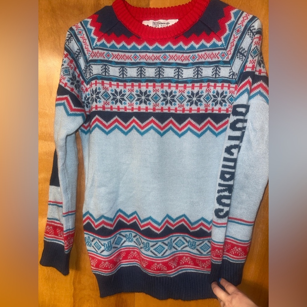Dutch Bros  Coffee Christmas Blue Red Nordic Sweater Crew Neck Size small